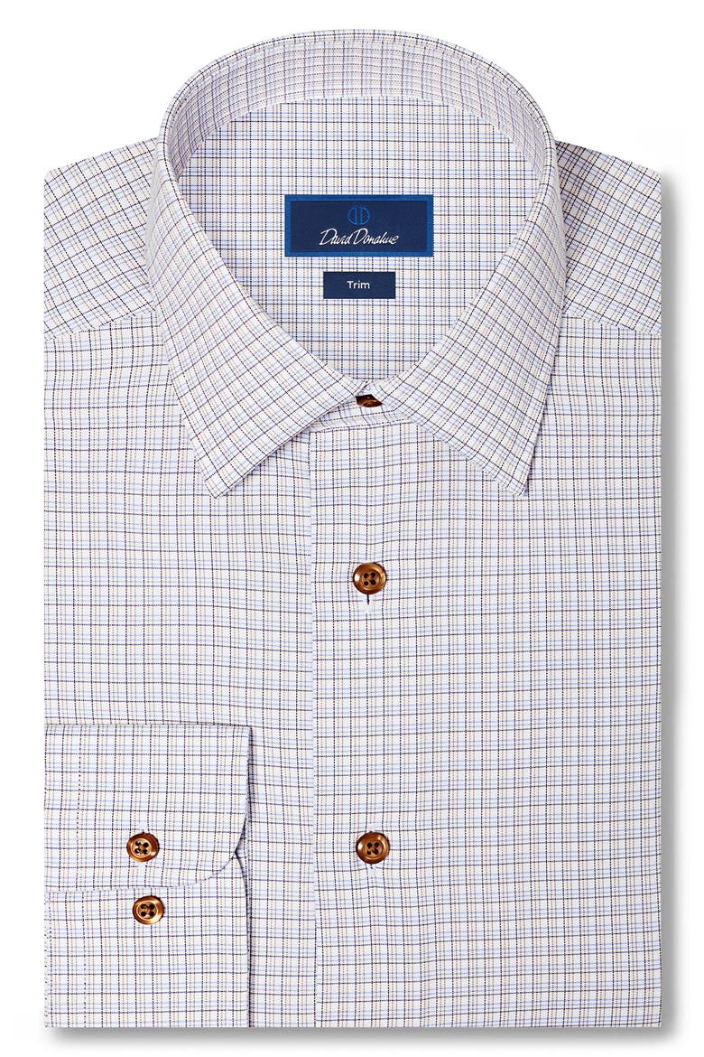Trim Fit Shadow Check Cotton Dress Shirt, Main, color, WHITE/ CHOCOLATE