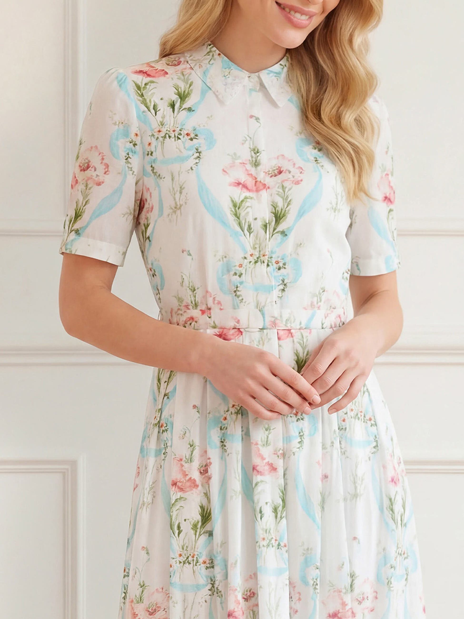 Needle & Thread Floral Ribbon Cotton Short Sleeve Dress (Women) | Nordstrom