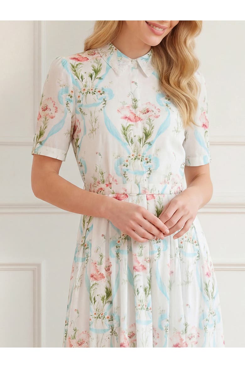 Floral Ribbon Cotton Short Sleeve Dress, Alternate, color, Optic White/Blue