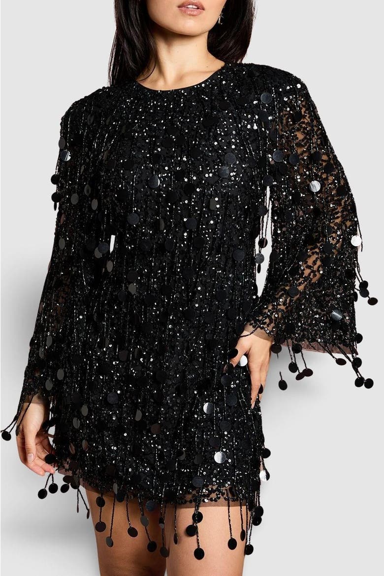 Petite Sequin Tassel Mini Dress, Alternate, color, Black