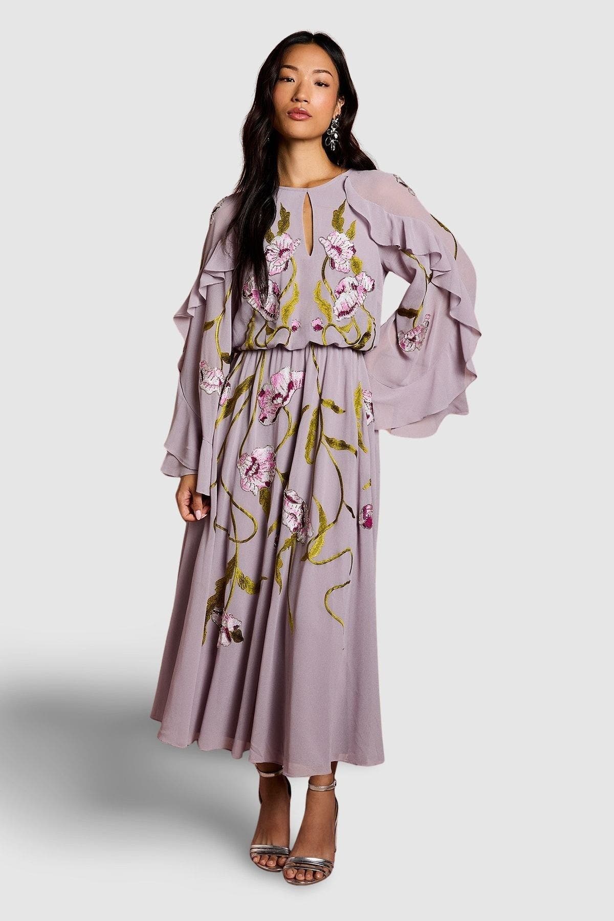 Embroidered Tiered Chiffon Midi Dress