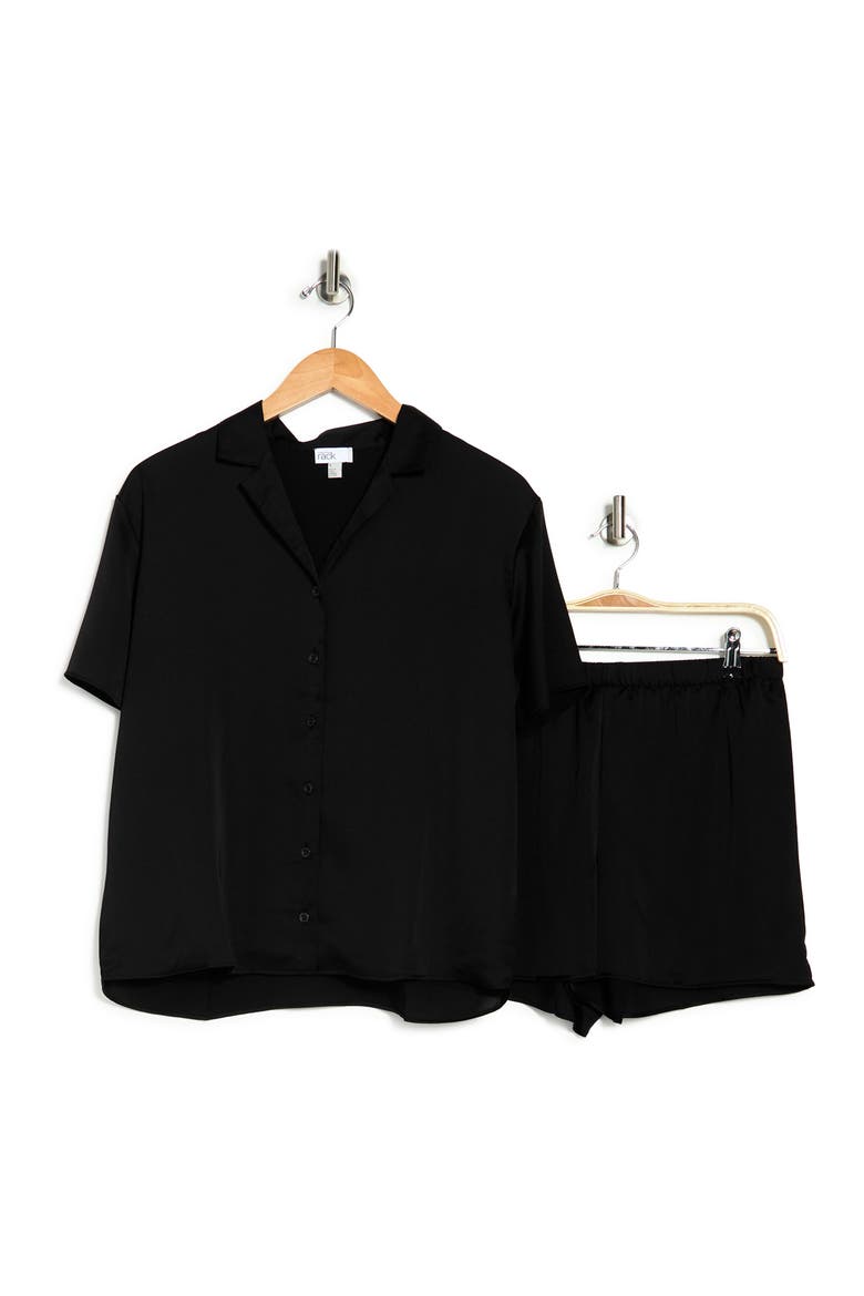 Satin Short Sleeve Shortie Set, Alternate, color, BLACK