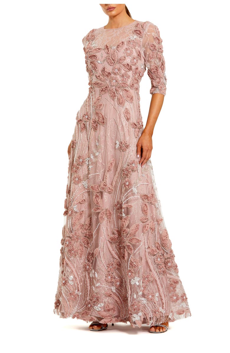 Mac Duggal Petite High Neck Embellished Lace Gown with 3/4 Sleeves, Main, color, Mocha