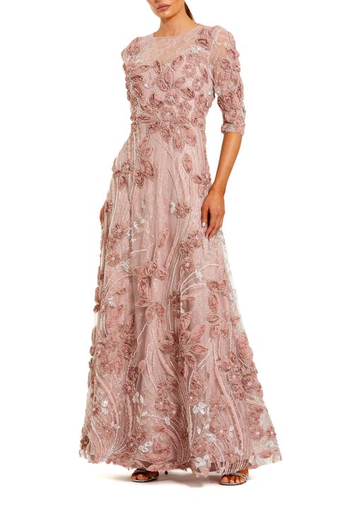 Petite High Neck Embellished Lace Gown with 3/4 Sleeves
