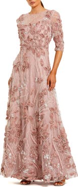 Mac Duggal Petite High Neck Embellished Lace Gown with 3/4 Sleeves