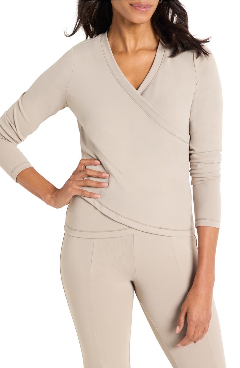 NZ ACTIVE by NIC+ZOE Luxe Stretch Ballet Wrap Top, Main, color, Dark Cobblestone