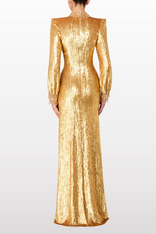 Jenny Packham Opium Sequin-embellished High-neck Gown In Gold