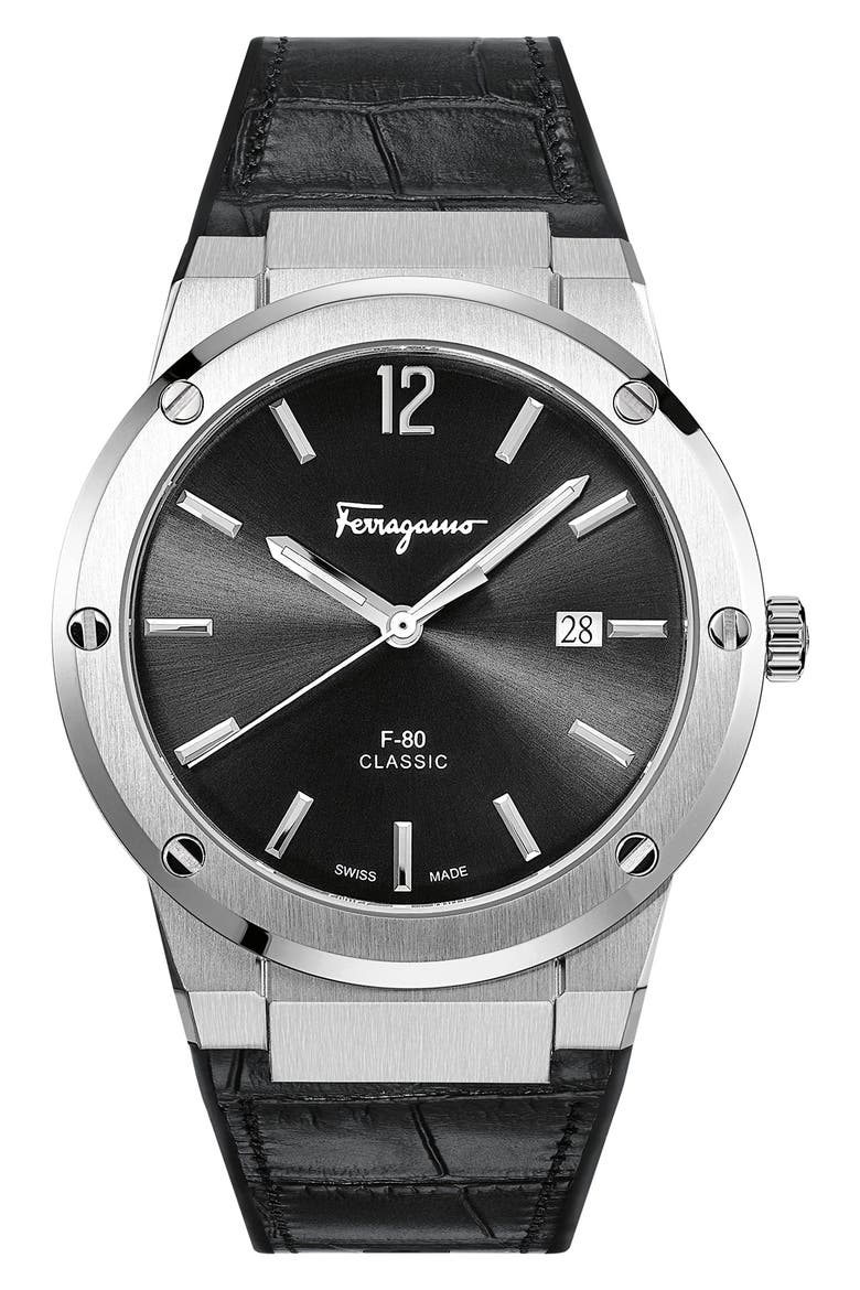 Salvatore Ferragamo F-80 Croc Embossed Leather Strap Watch, 41mm, Main, color, BLACK/ SILVER