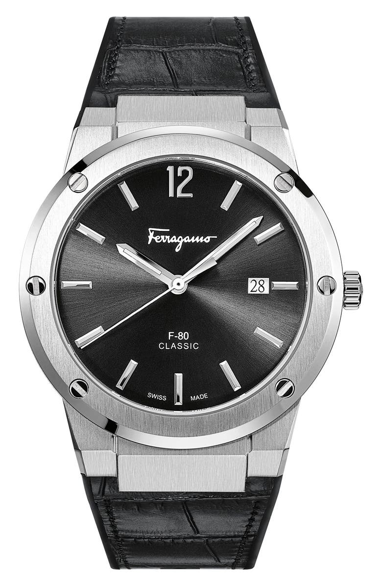 FERRAGAMO Salvatore Ferragamo F-80 Croc Embossed Leather Strap Watch, 41mm, Main, color,