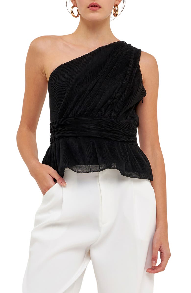Endless Rose One-Shoulder Textured Tulle Top, Main, color, Black