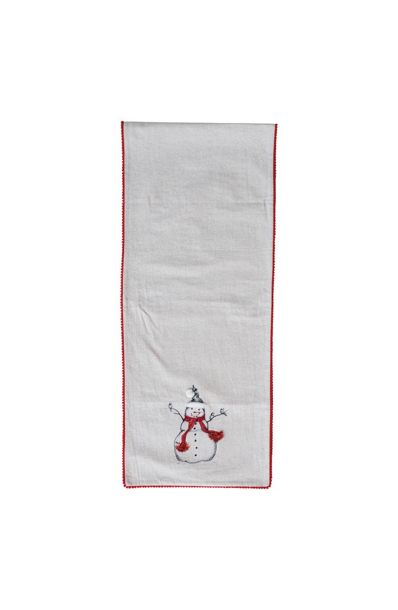 Storied Home Linen Printed Table Runner with Embroidered Snowman and Bird Image, Applique and Pom Pom Trim, Natural, Red and Black, Main, color, 