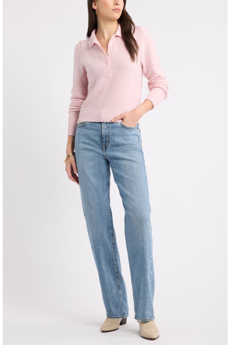 Puff Shoulder Wool & Cashmere Polo Sweater, Alternate, color, PINK PARFAIT