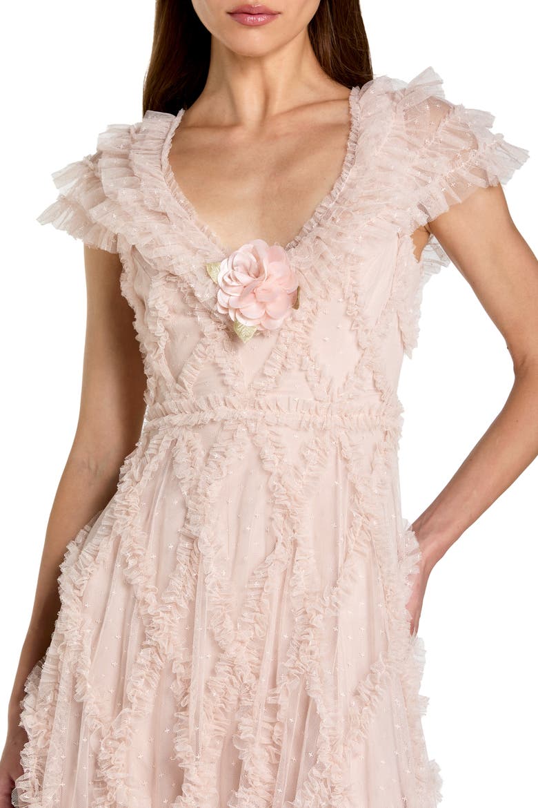 Petite Micro Ruffle Cap Sleeve A-Line Midi Dress, Alternate, color, Blush