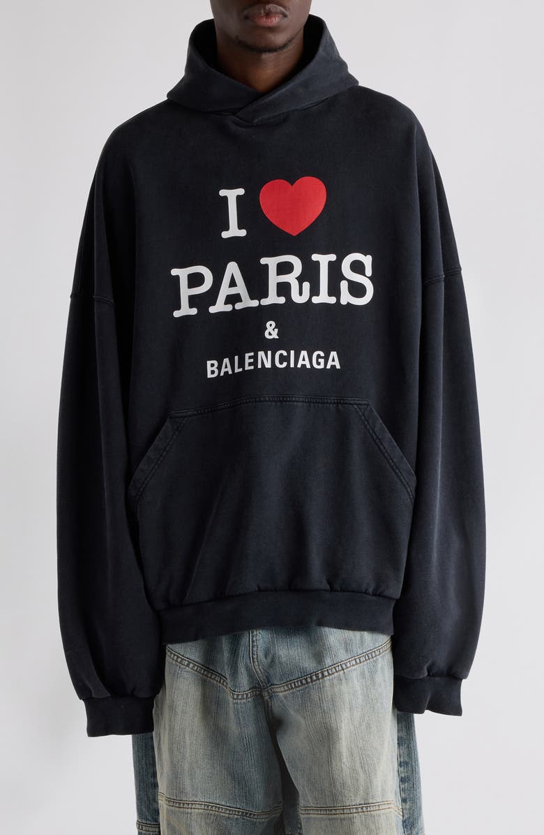 Balenciaga Large Fit Graphic Hoodie, Main, color, Faded Washed Black