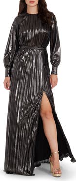 Dress the Population Calista Metallic Jacquard Stripe Long Sleeve Gown