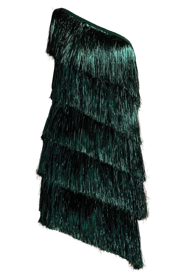 Metallic Fringe One-Shoulder Cocktail Dress, Alternate, color, JUNGLE GREEN