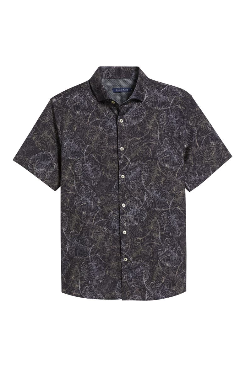 Jungle Monstera Palm Leaf Print Short Sleeve Stretch Cotton Blend Button-Up Shirt, Alternate, color, BLACK