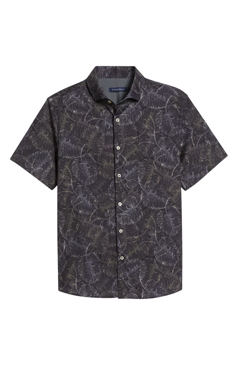 Stone Rose Jungle Monstera Palm Leaf Print Short Sleeve Stretch Cotton Blend Button-Up Shirt, Alternate, color, 