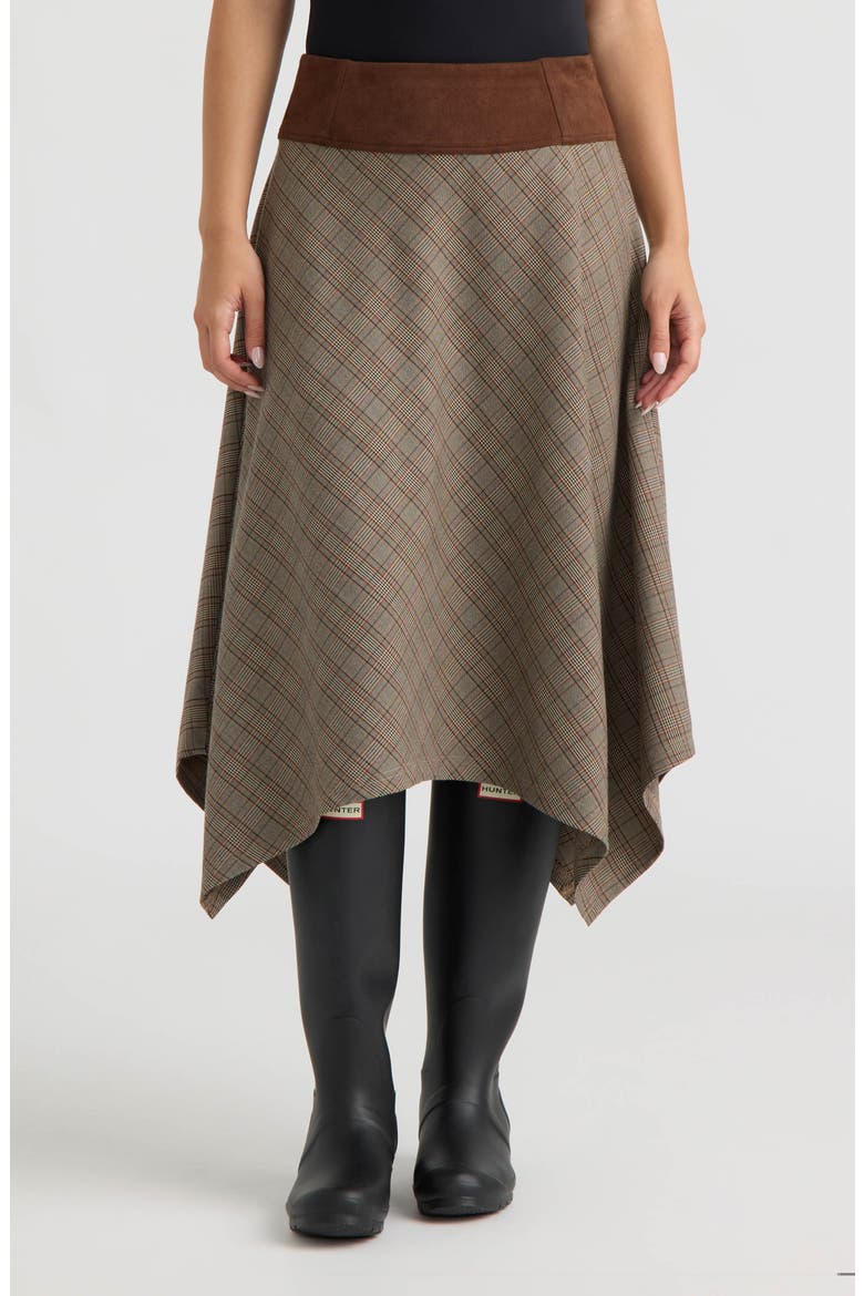 Plaid Handkerchief Hem Midi Skirt, Main, color, BROWN PLAID
