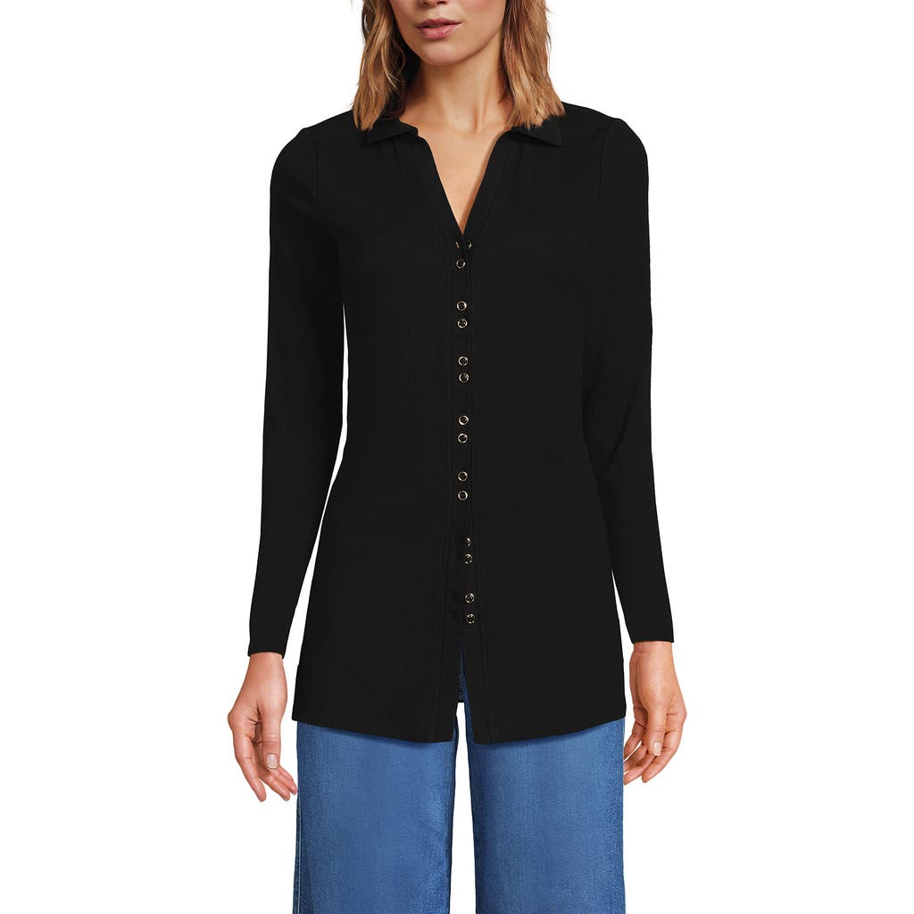 Lands' End Long Sleeve Polished Rib Button Through Tunic Shirt In Black