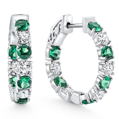 4 1/2Ct Emerald & Diamond Hoops or Gold Lab Grown 1" Tall