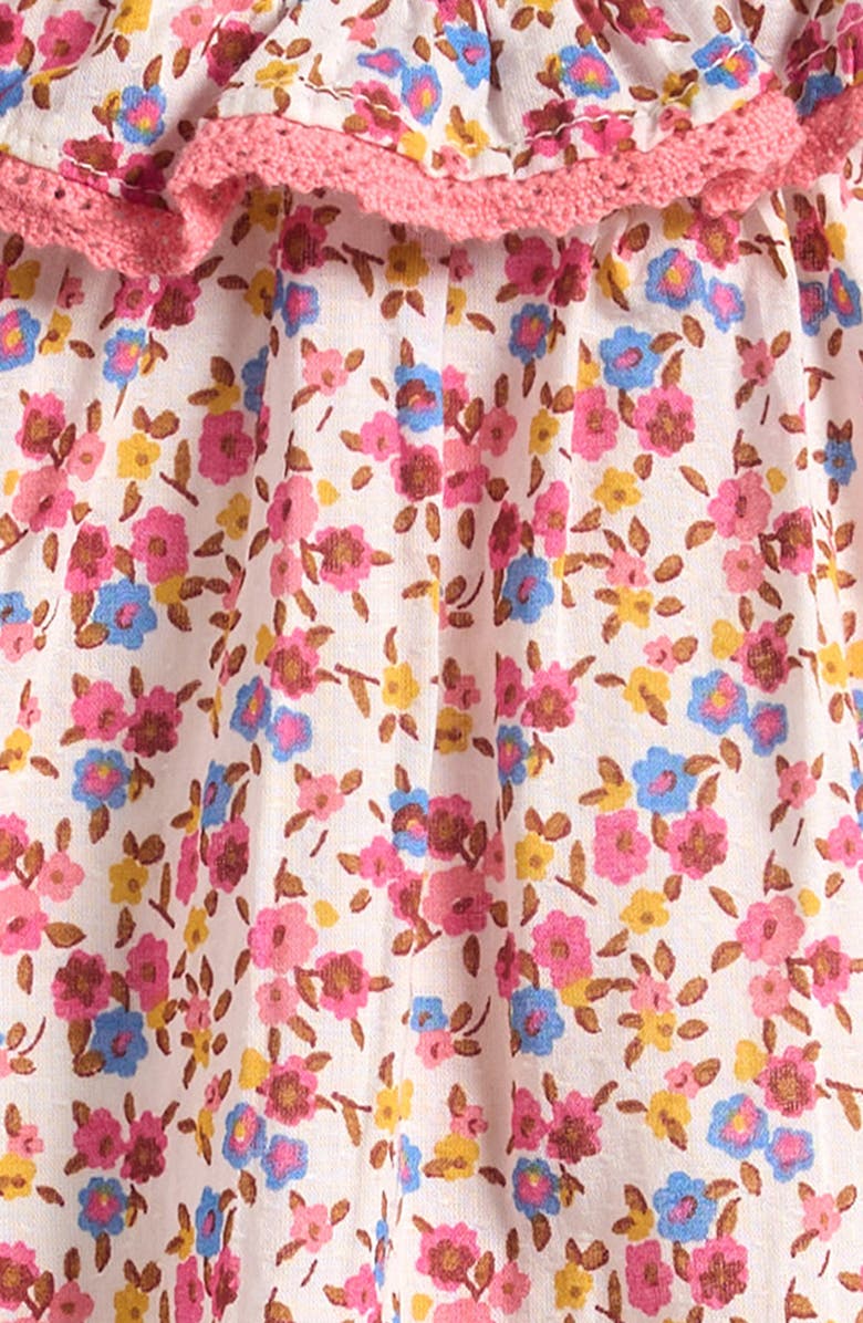 Mini Boden Frill Neck Bubble Romper, Alternate, color, Neon Pink Ditsy Floral