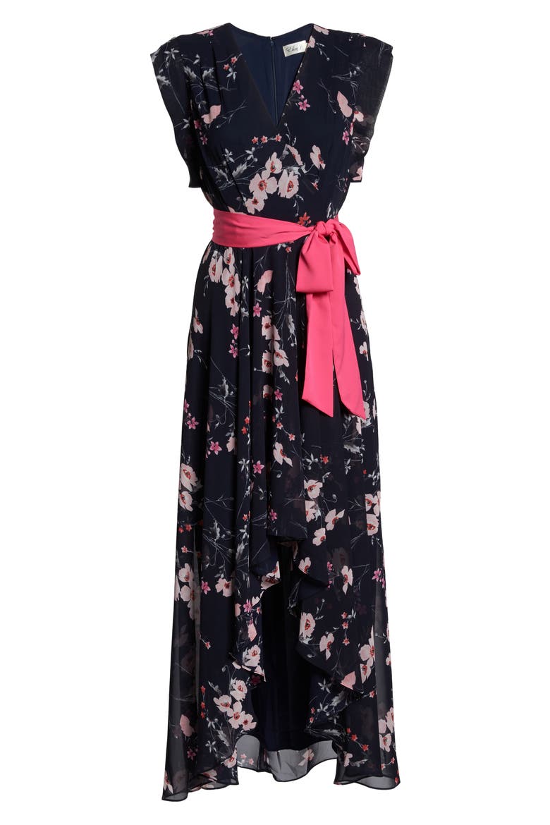 High/Low Floral Faux Wrap Maxi Dress, Alternate, color, NAVY/ PINK