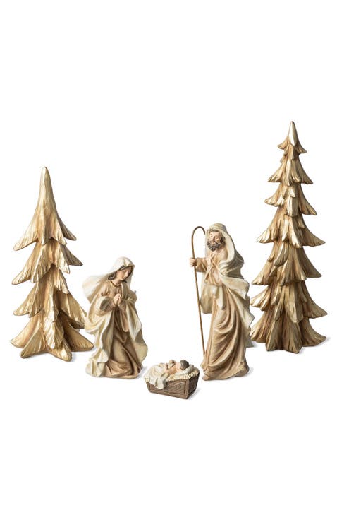 Set of 5 Gold Resin Holy Family with Christmas Trees