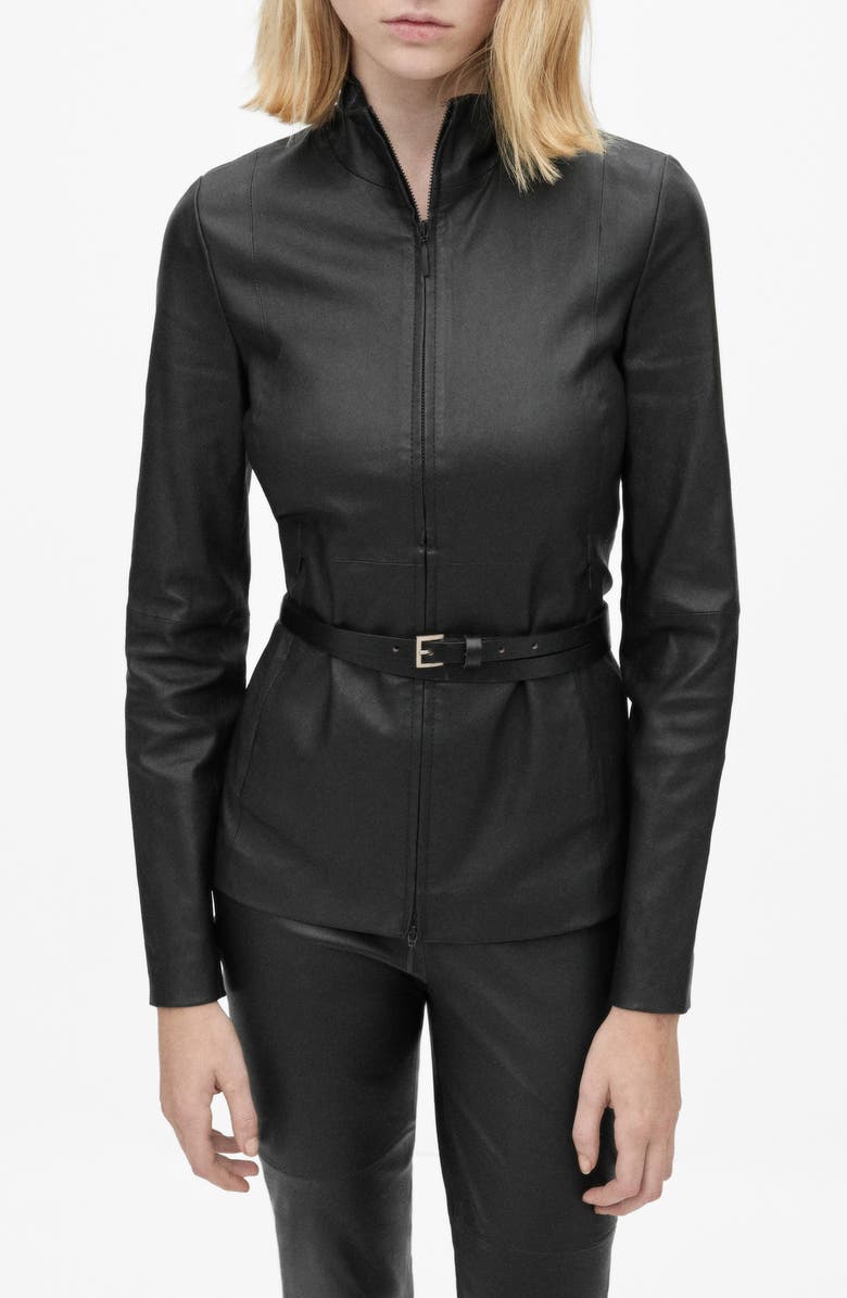 MANGO Two-Way Zip Leather Jacket, Main, color, 