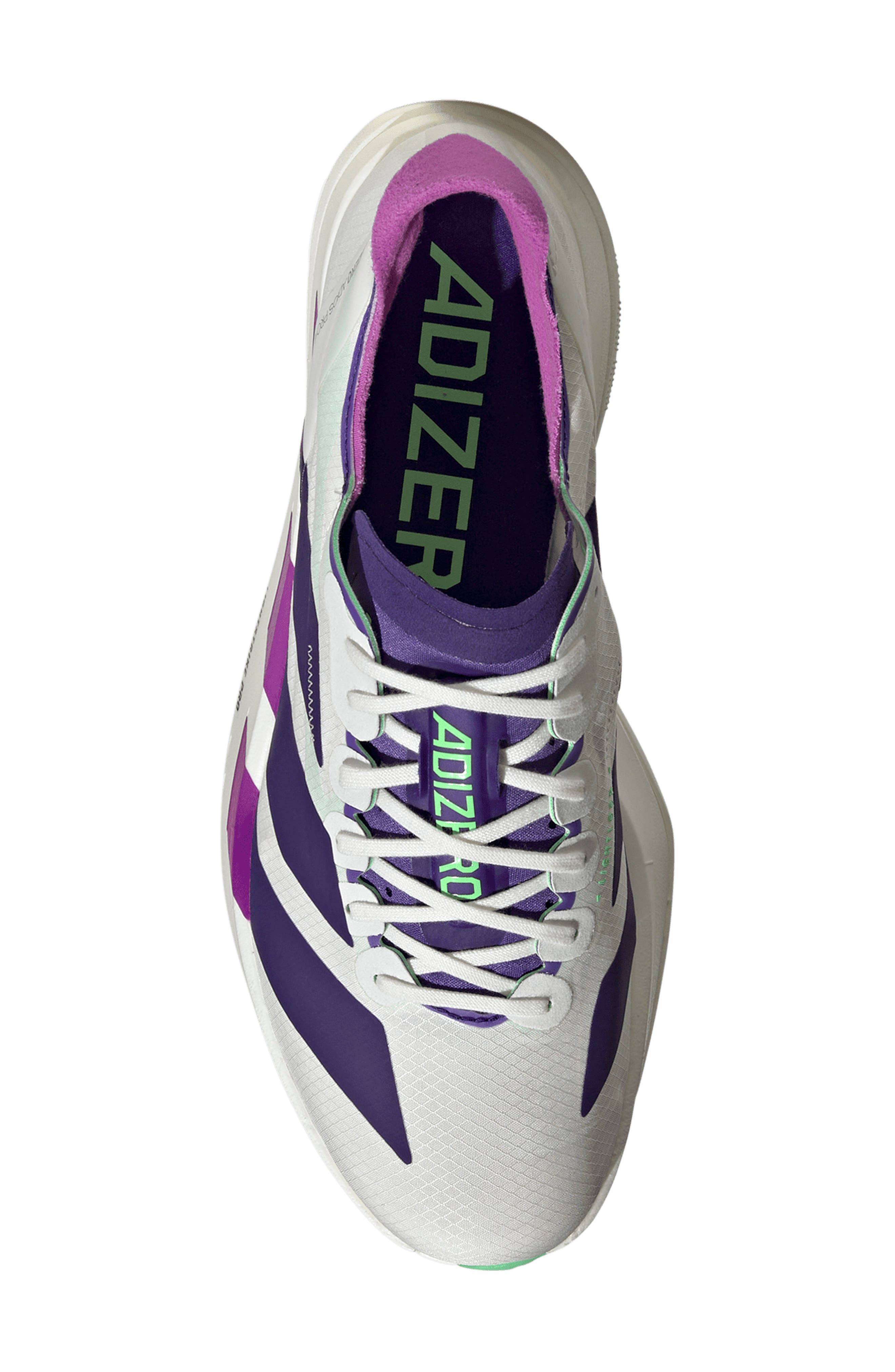adidas Adizero Adios Pro 4 Racing Shoe, Alternate, color, White/ Purple/Lime Burst