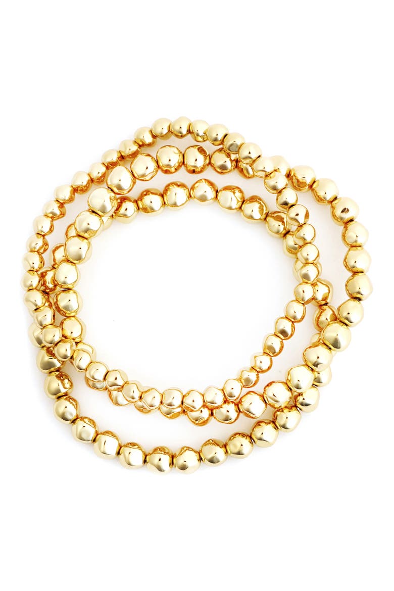 Set of 3 Metallic Beaded Stretch Bracelets, Main, color, GOLD
