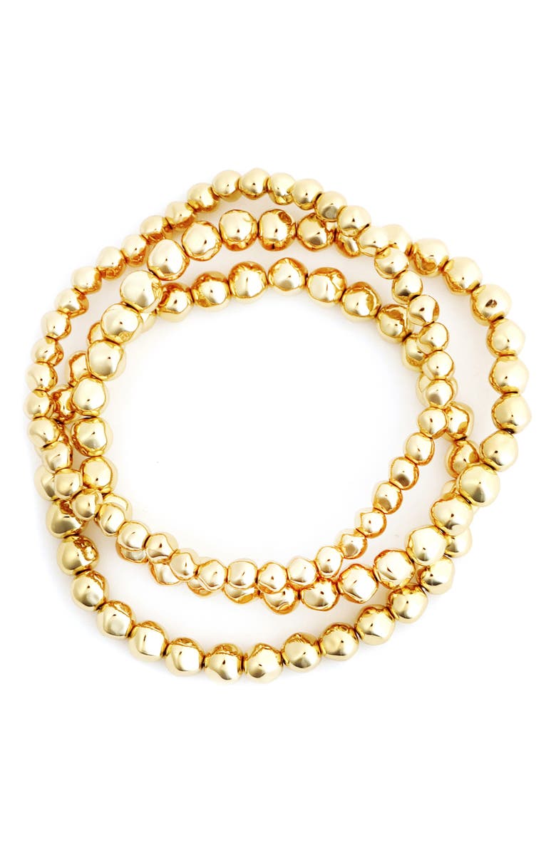 Panacea Set of 3 Metallic Beaded Stretch Bracelets, Main, color, Gold