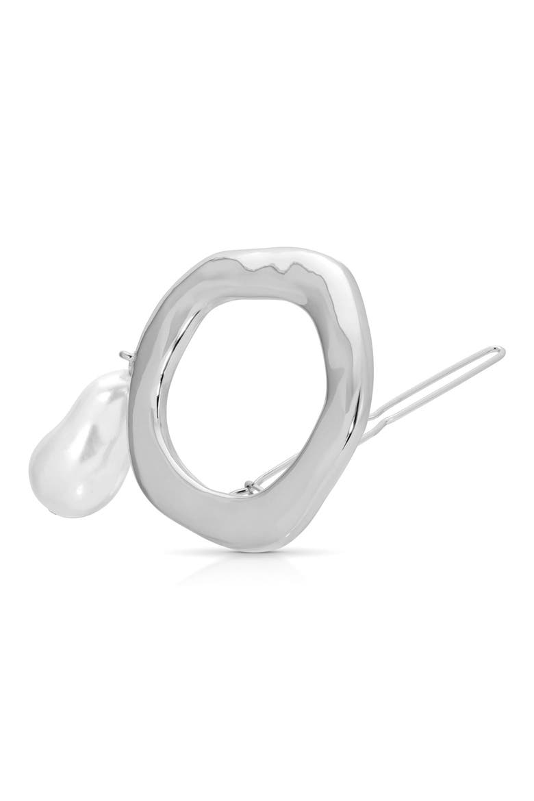 Open Circle Imitation Pearl Barrette, Alternate, color, SILVER
