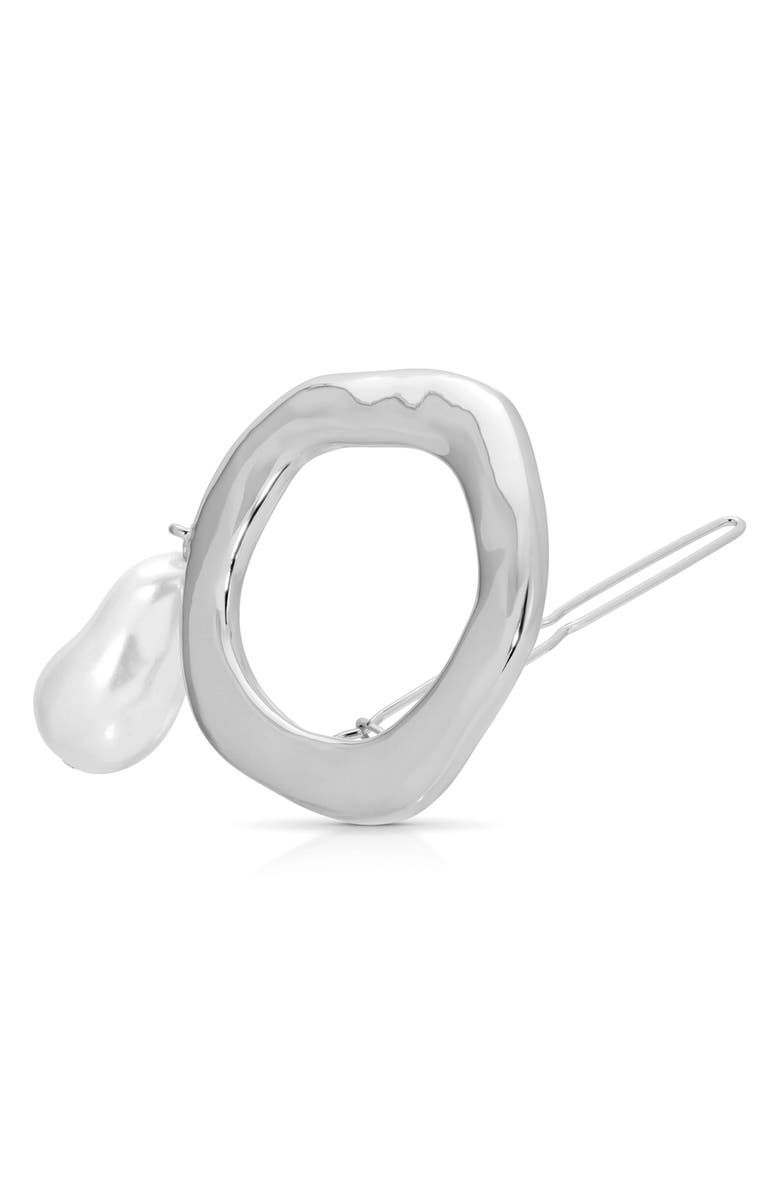 Ettika Open Circle Imitation Pearl Barrette, Alternate, color, Silver