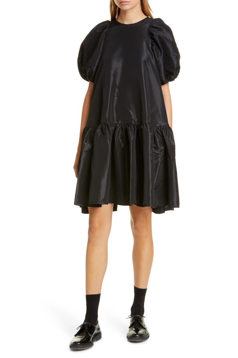 Alexa Puff Sleeve Faille Babydoll Dress, Main, color, BLACK