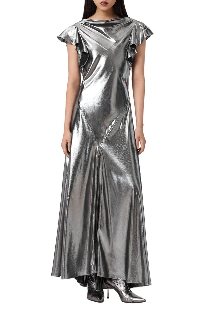 AllSaints Flora Metallic Cowl Neck Maxi Dress, Main, color, Metallic Silver