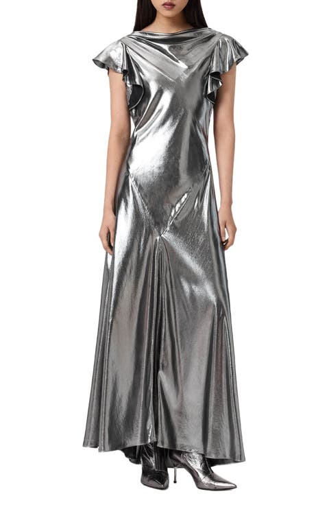 Flora Metallic Cowl Neck Maxi Dress