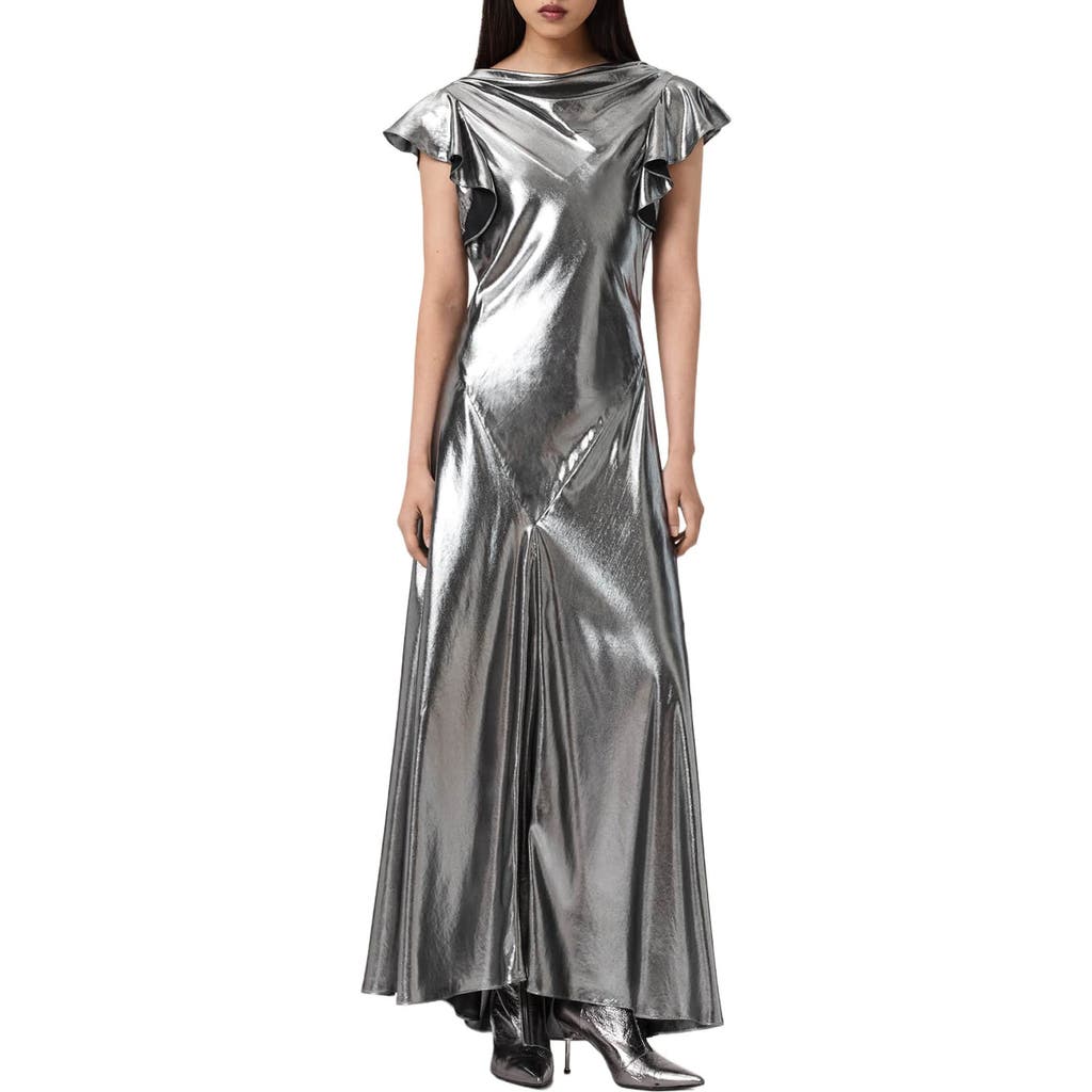 Allsaints Flora Metallic Cowl Neck Maxi Dress In Gray