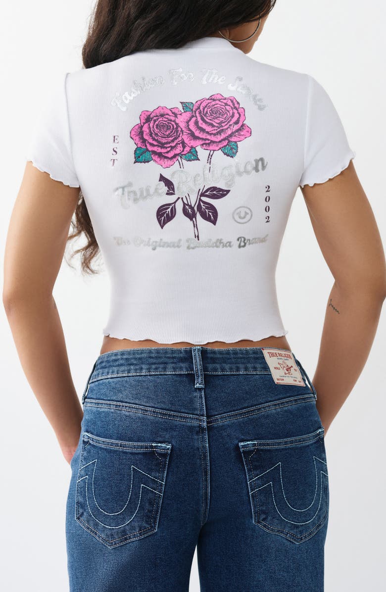 True Religion Rose Lettuce Edge Ribbed Crop T-Shirt, Alternate, color, Optic White