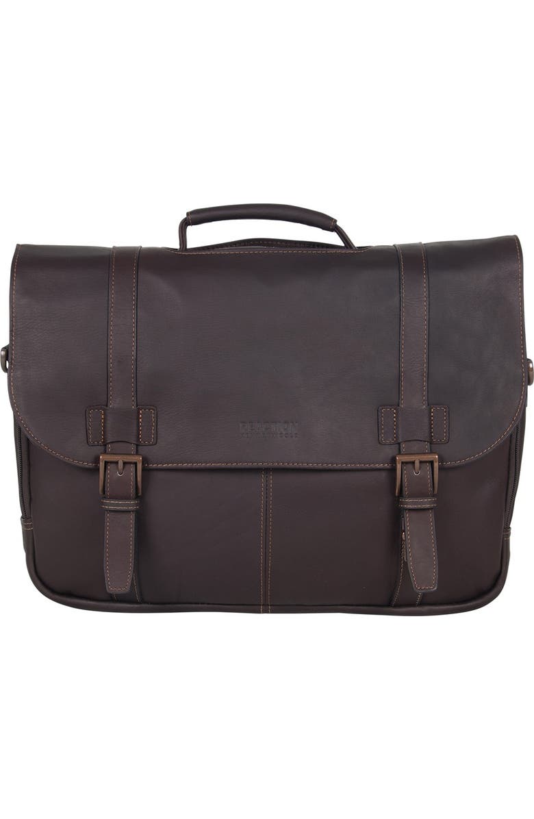 Kenneth Cole Colombian Leather 16” Laptop Computer Portfolio Messenger Briefcase, Main, color, Brown