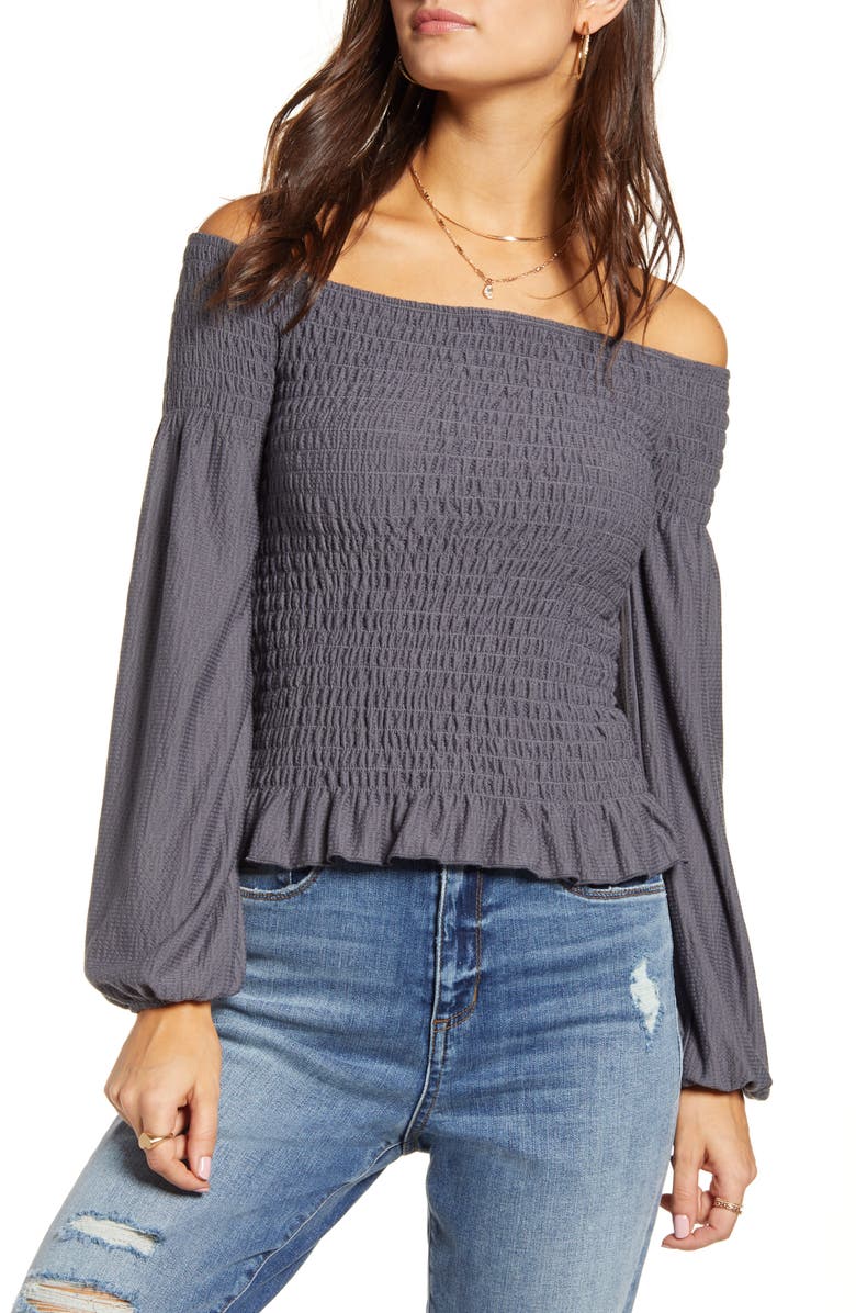 Kirious Rib Smocked Off the Shoulder Top, Main, color,