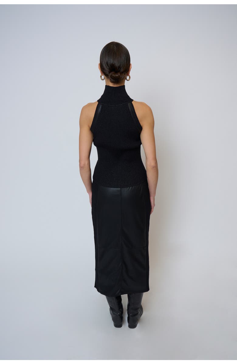 Central Park West Milan Faux Leather Accent Sleeveless T-Neck, Alternate, color, Black Combo