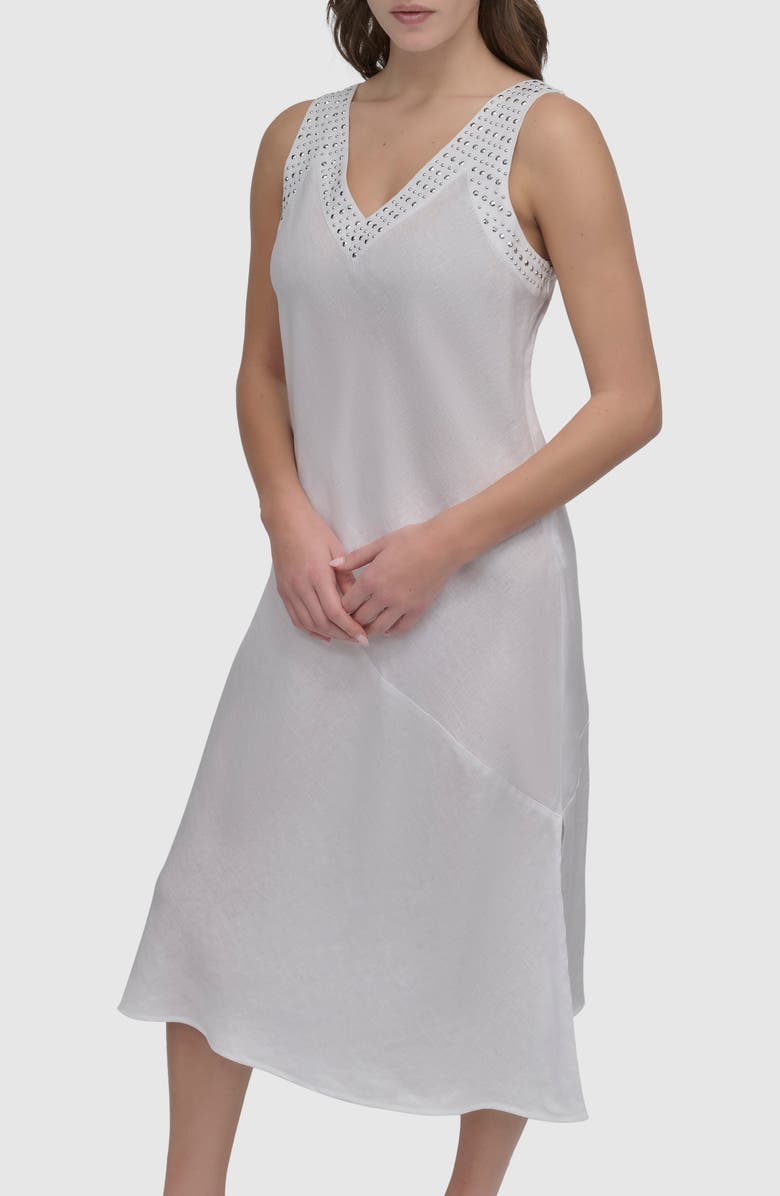 DKNY Stud Detail Linen Midi Dress, Alternate, color, White
