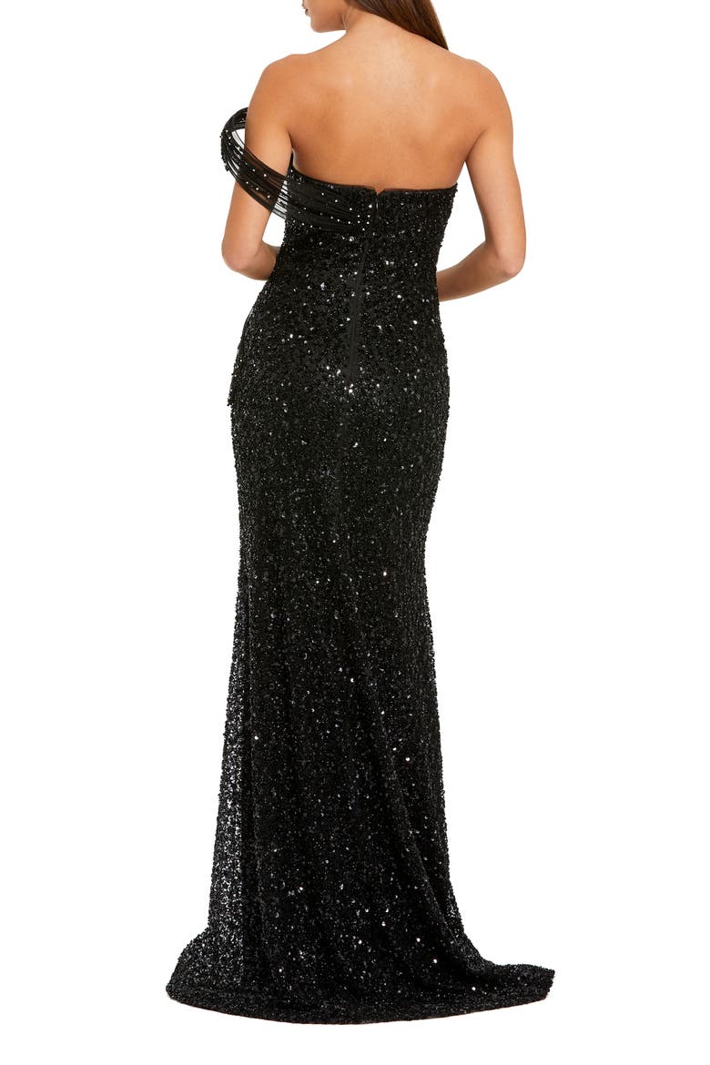Sequin Gown With Sculptural Off-Shoulder Detail, Alternate, color, Black