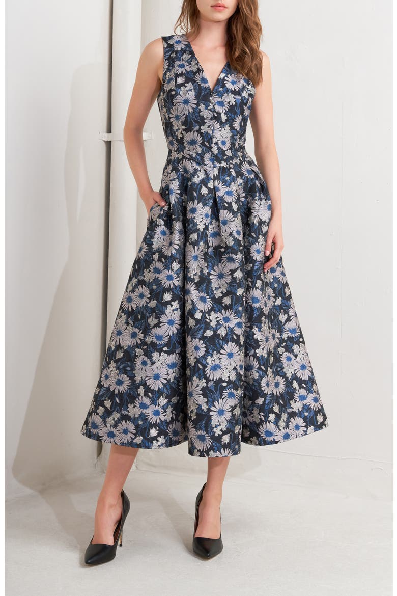 Floral Jacquard A-Line Midi Dress, Alternate, color, NAVY MULTI