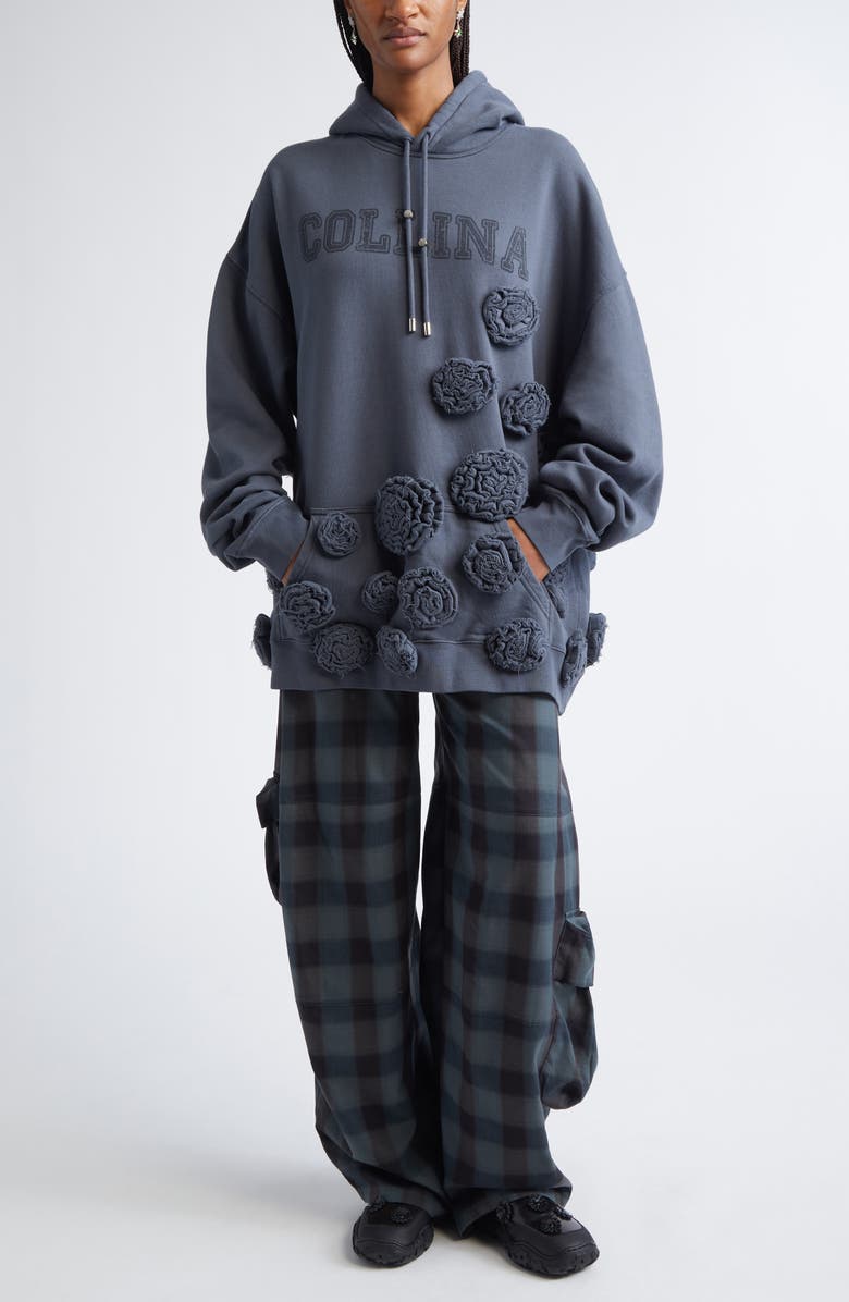 Collina Strada Soft Floral Appliqué Oversize Logo Graphic Hoodie, Alternate, color, Charcoal