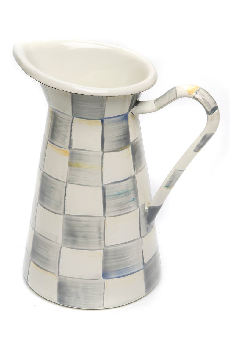 Sterling Check Medium Enameled Steel Practical Pitcher, Main, color, GREY/ WHITE