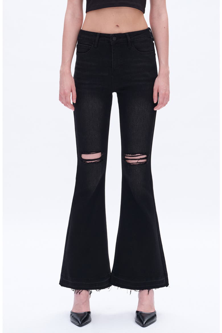 Lauren Ripped High Waist Raw Hem Flare Jeans, Main, color, BLACK