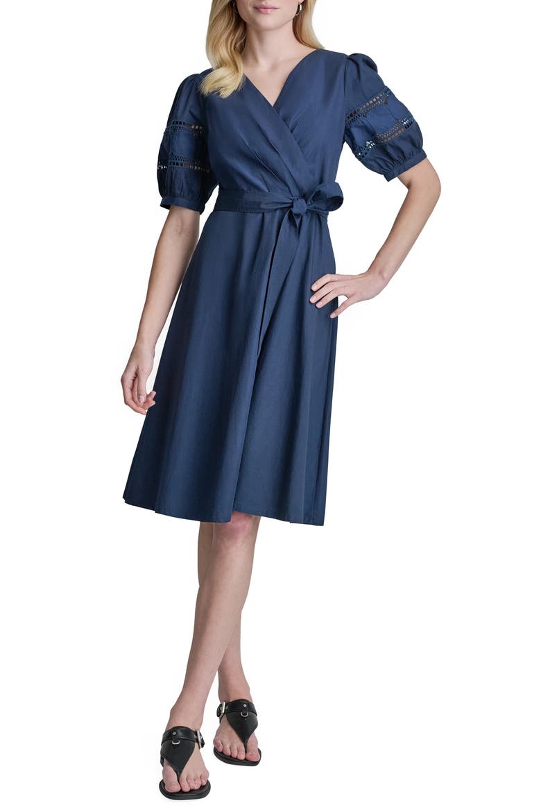 Lace Trim Faux Wrap Dress, Main, color, INDIGO