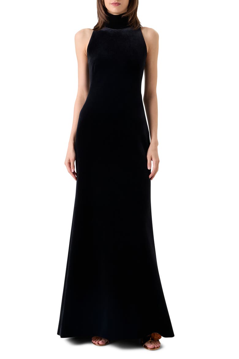 Fringe Back Velvet Scuba Knit Trumpet Gown, Main, color, BLACK